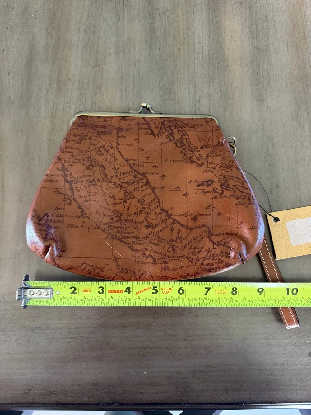 Patricia Nash Leather Map Print Kiss Lock Wristlet Clutch Brown Brass NWT Tag